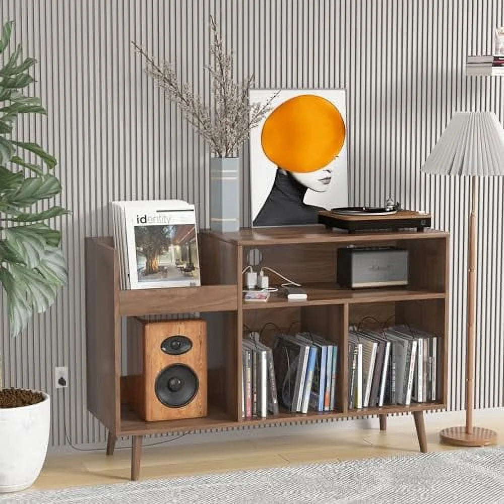 Mid-Century Record Player Stand with Vinyl Cabinet and Power Outlet C580