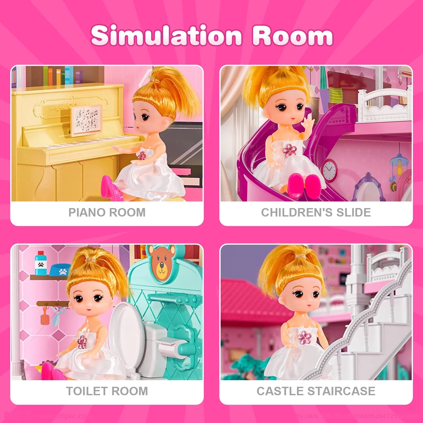 Dollhouse for Girls, 4 Stories 12 Rooms with 2 Princesses and Slide Accessories V867463
