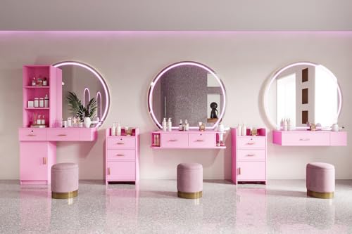 Wood Computer Desk with Drawers and Mirror, Pink D3323