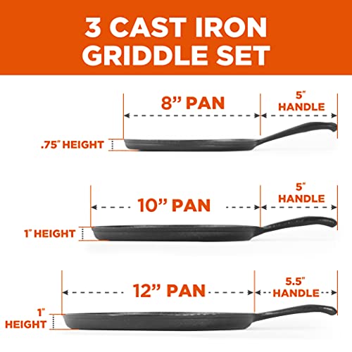 Round Cast Iron Griddle Pan 3-Piece Set, 8/10/12-inch, Pre-seasoned U2218