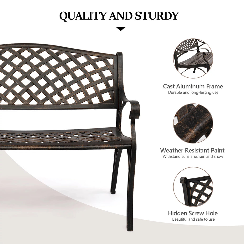 Patio Garden Bench, Anti-Rust Cast Aluminum Frame for Outdoor Yard Lawn Decor T41016
