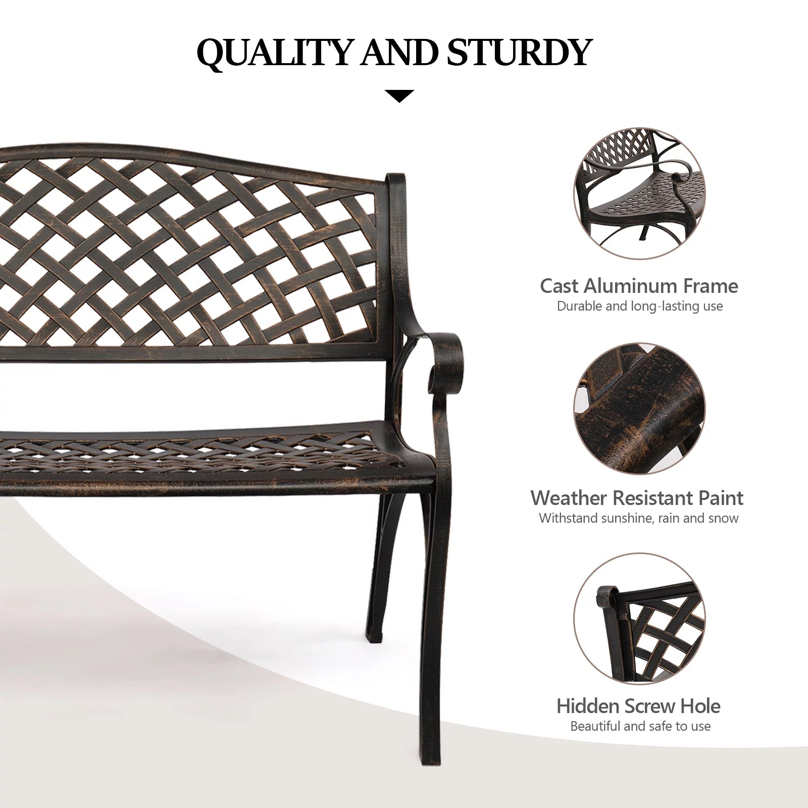 Patio Garden Bench, Anti-Rust Cast Aluminum Frame for Outdoor Yard Lawn Decor T41016
