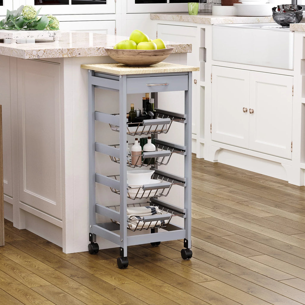 Rolling Kitchen Island Cart with Storage and Wire Baskets, Gray E341732