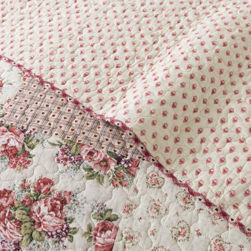 Cotswolds Patchwork Cotton Pieced Quilt Set, Queen Size with 2 Shams, Neutral Floral Cream Bedding A162361