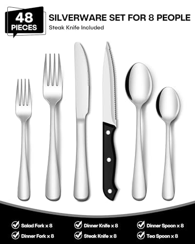 48-Piece Hammered Silverware Set with Steak Knives for 8, Stainless Steel Flatware, Dishwasher Safe W267801