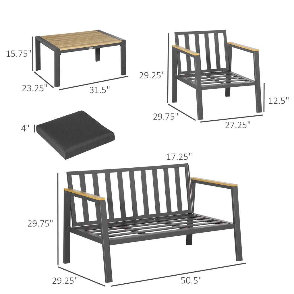 4 Piece Patio Furniture Set with 2 Armchairs, Loveseat, Coffee Table, Dark Gray K810