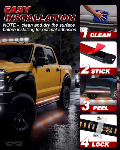 2PCS 70 Inch Emergency Strobe Lights Strip LED Running Board Flexible Flashing Warning Hazard Safety Light Bar with Wireless Remote for Work Trucks Pickups - White Amber Q555678