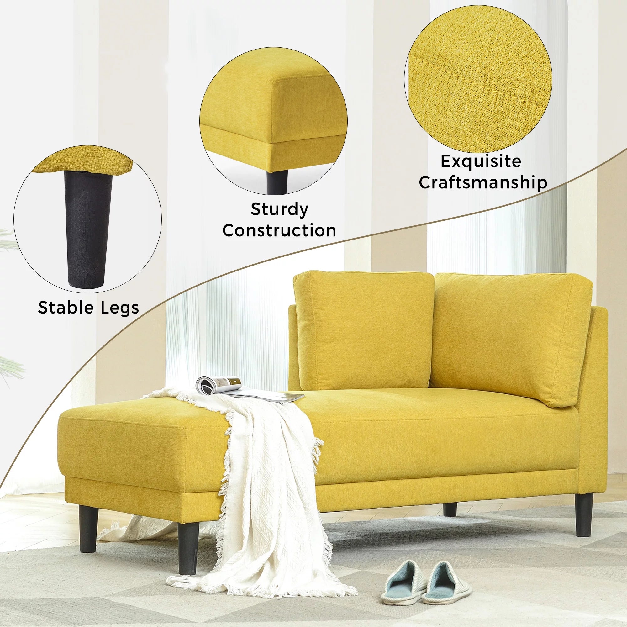 Yellow Chaise Lounge Chair with Arms for Living Room W991