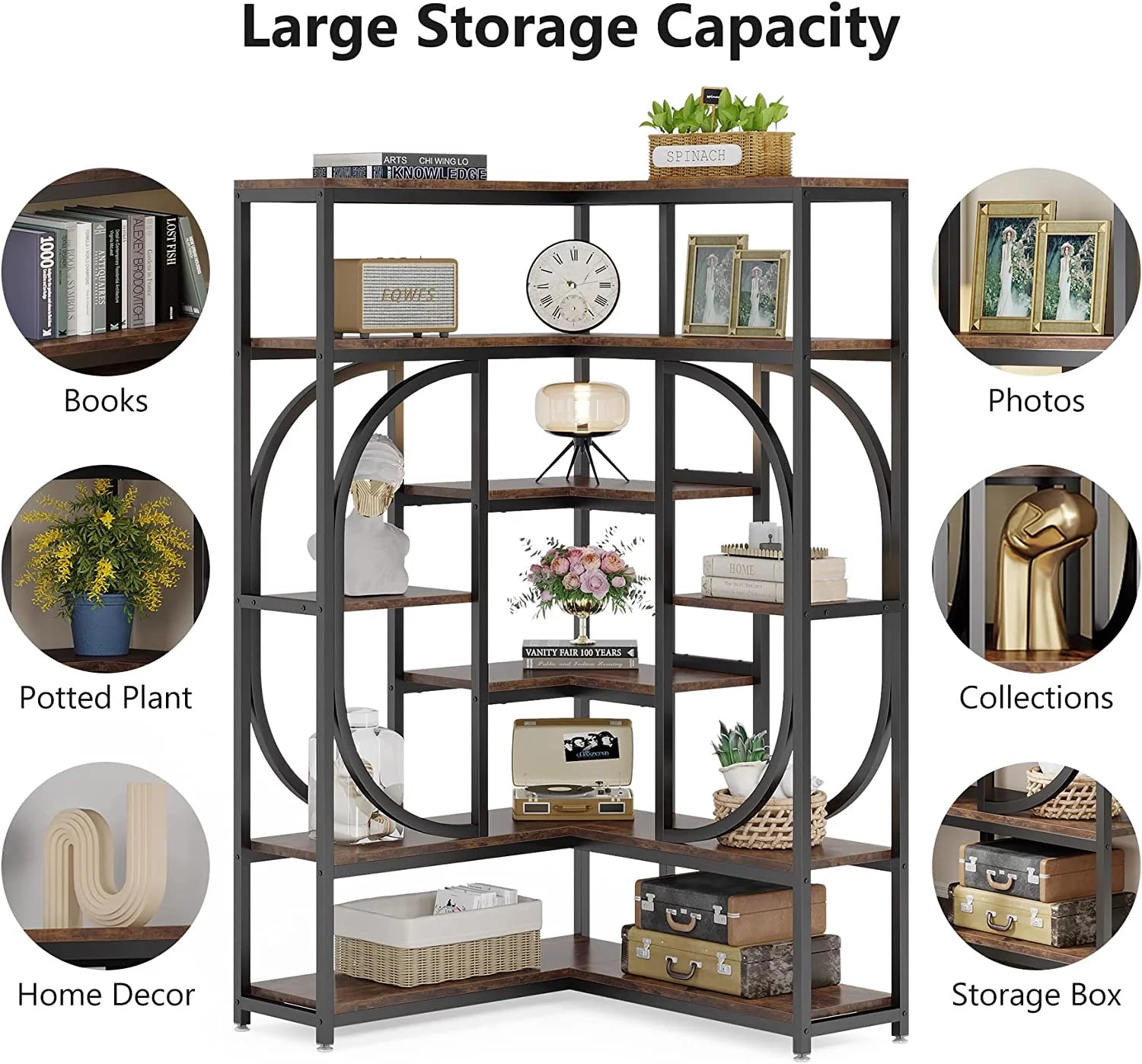 L Shaped Corner Bookshelf, 7 Shelf Bookcase, Rustic Brown & Black H2582