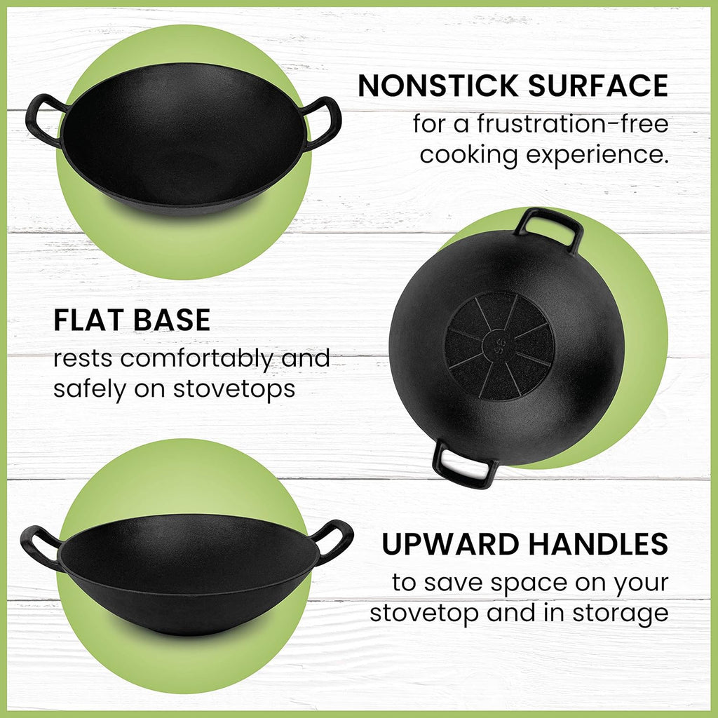 Pre-Seasoned Cast Iron Wok with Wooden Lid, 14 Inches, Nonstick Deep Frying Pan Q32539