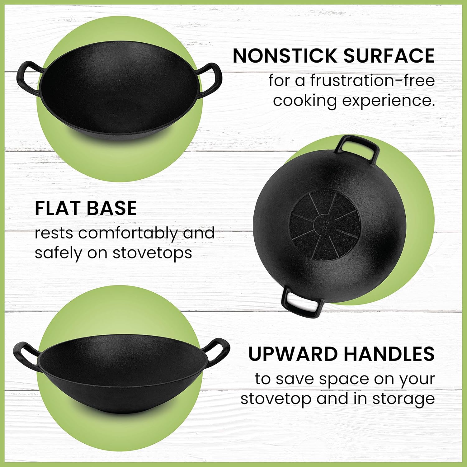 Pre-Seasoned Cast Iron Wok with Wooden Lid, 14 Inches, Nonstick Deep Frying Pan Q32539