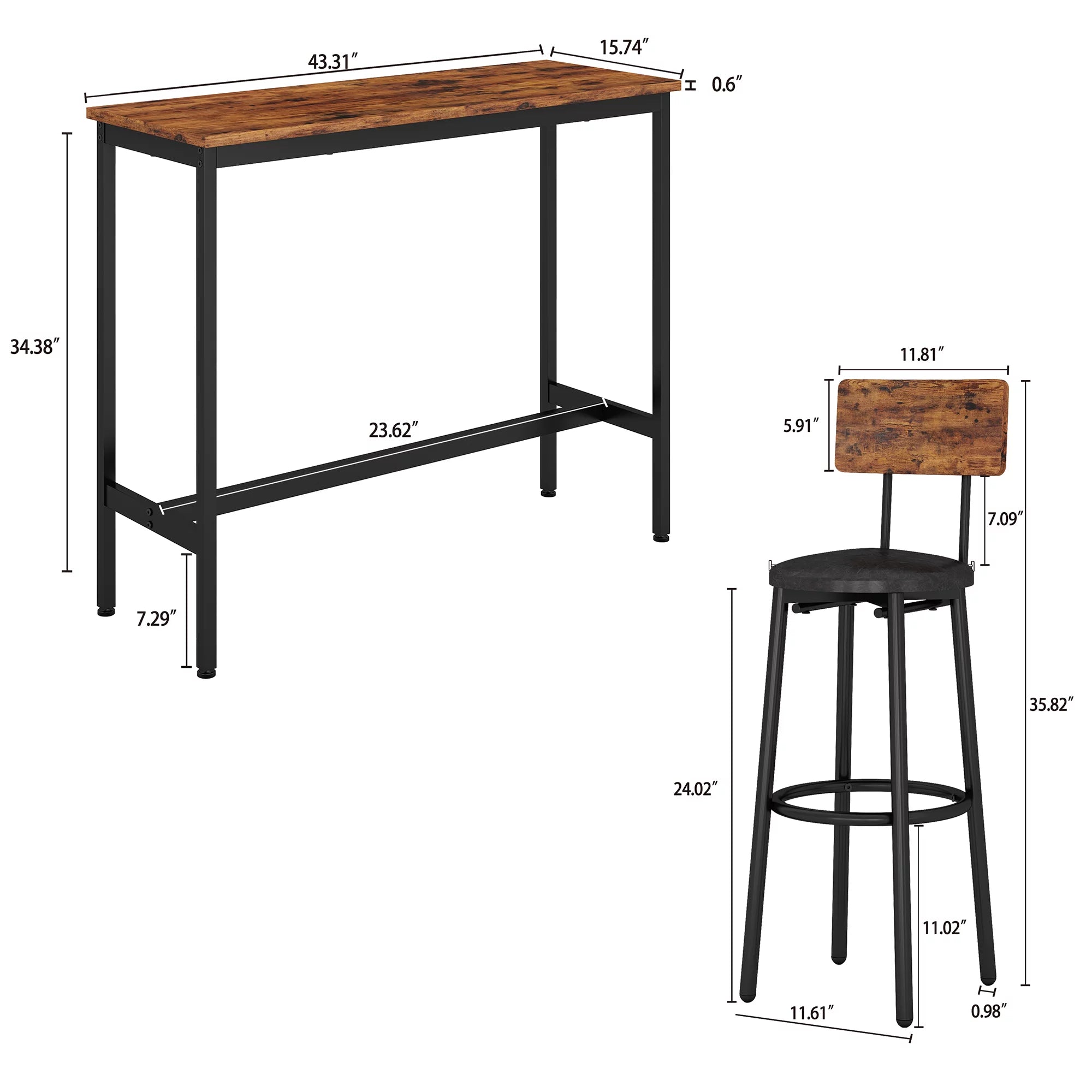 3 Piece Bar Table Set with 2 Stools, Rustic Brown M1260