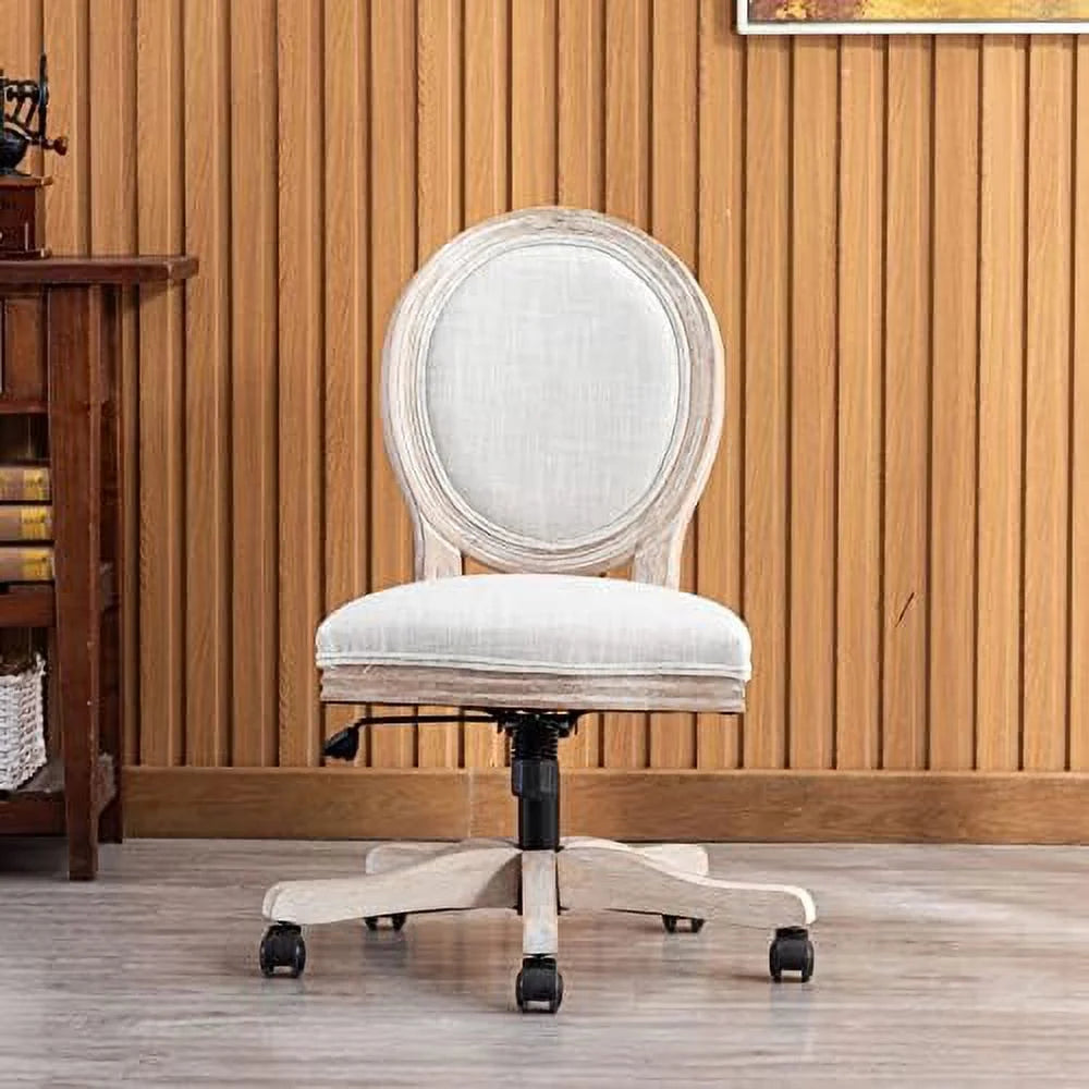 Linen Office Chair with Rattan Back, Adjustable Swivel Task Chair N169399