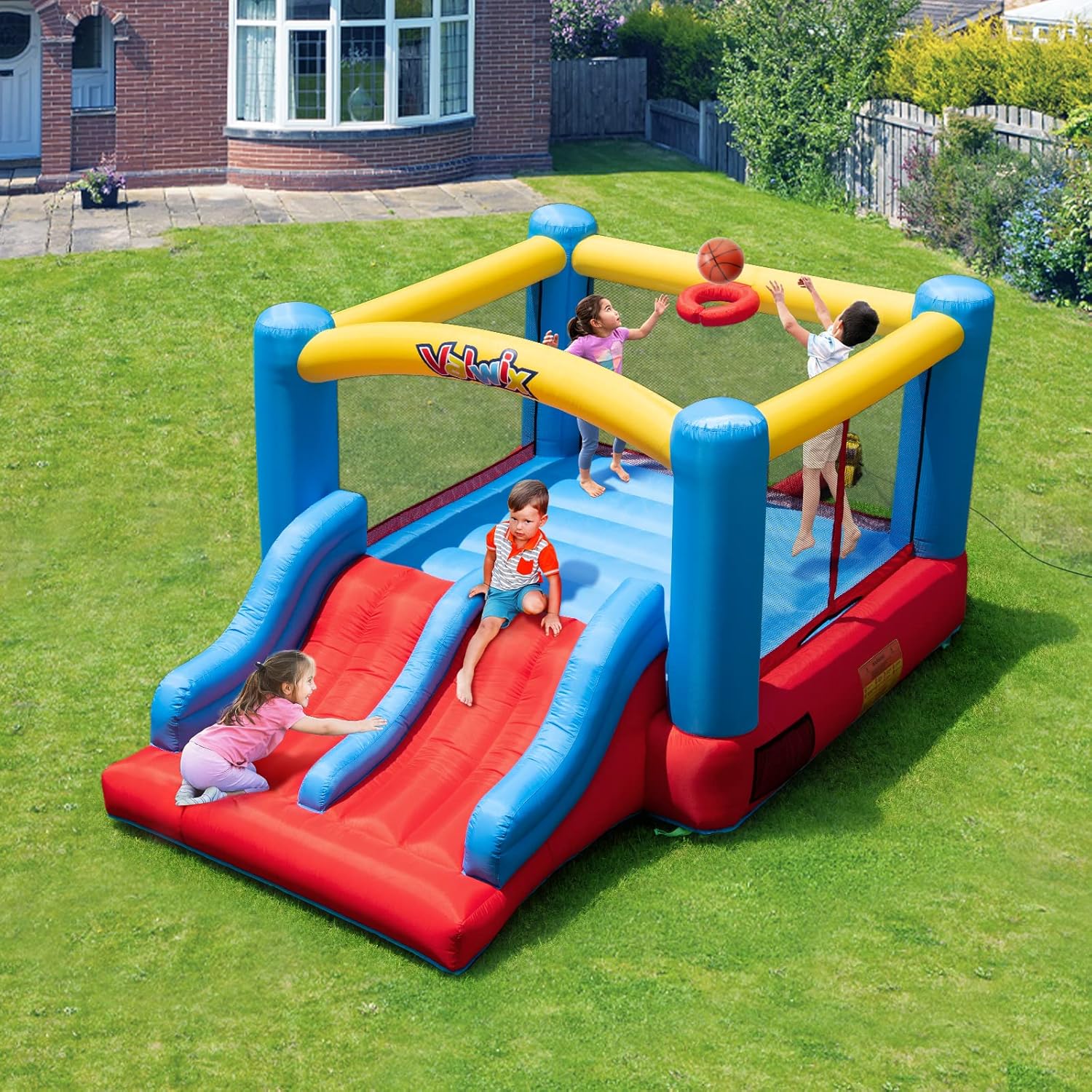 Inflatable Bounce House with Blower for Kids, Indoor Outdoor Bouncy Castle with Double Slide D81783