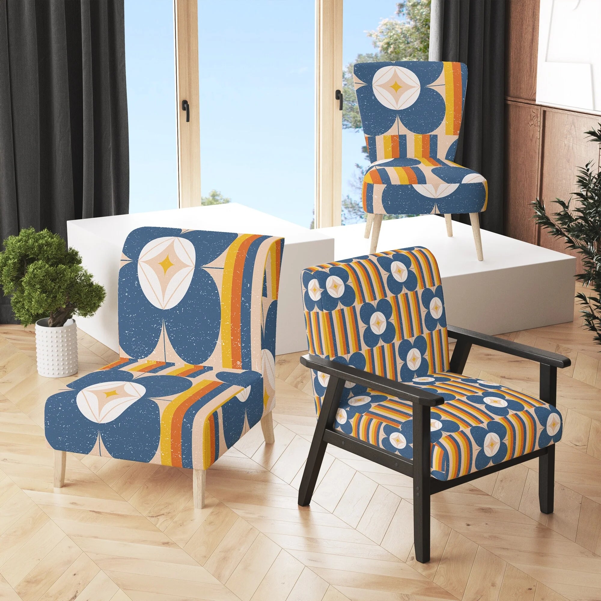Retro Floral Upholstered Mid-Century Accent Chair S735
