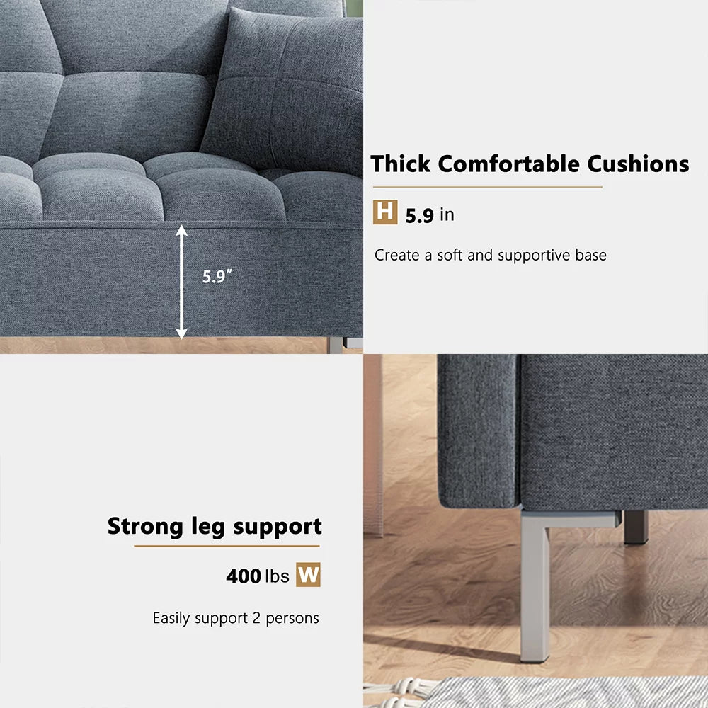 Gray Futon Sofa Bed with 2 Pillows and Metal Legs G114