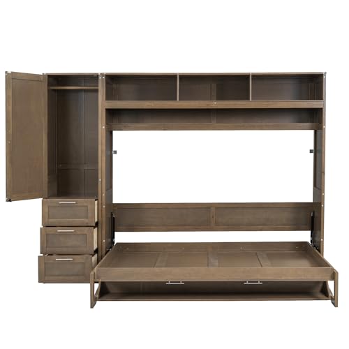 Full Size Murphy Bed with Wardrobe, Storage Drawers and Open Shelves, Solid Wood Wall Bed Frame for Bedroom Guest Room Home Office Study, Easy Assembly (Antique Grey, Full) C74375