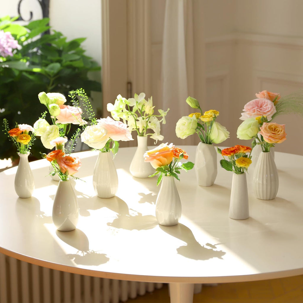 Mini Ceramic Vase Set of 10, 4 Inch White Bud Vases for Table Decor K6782