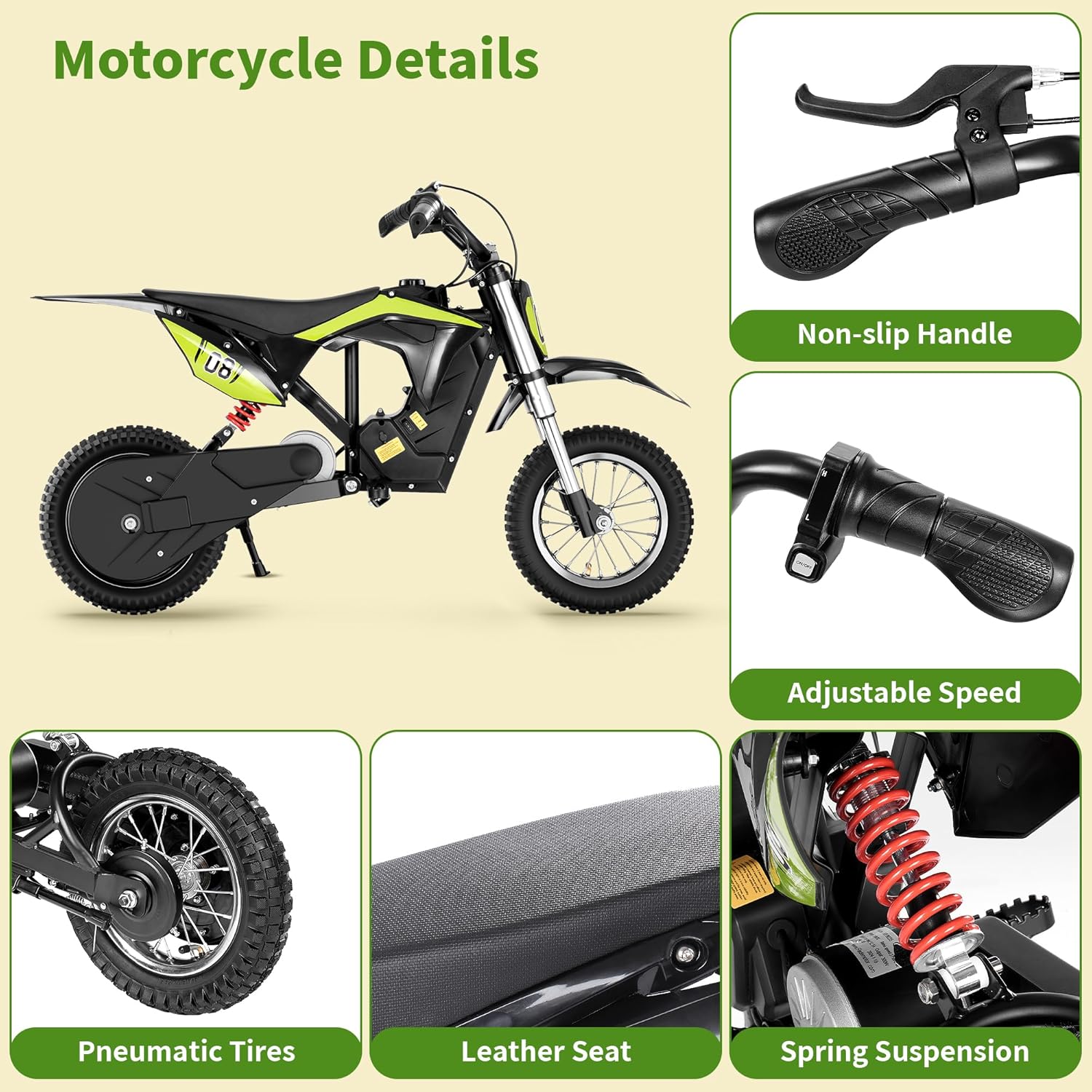 Kids Electric Dirt Bike, 3-Speed Ride-On Motorcycle for Ages 5-10 U8539