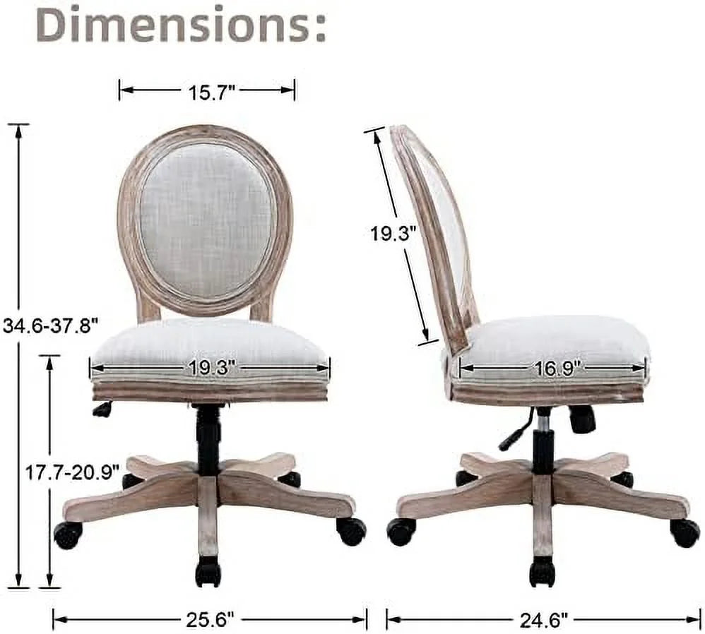 Linen Office Chair with Rattan Back, Adjustable Swivel Task Chair N169399