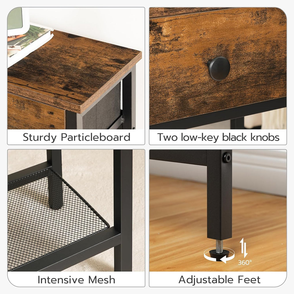 Narrow Console Table with 2 Fabric Drawers and Charging Station, Rustic Brown and Black O9157
