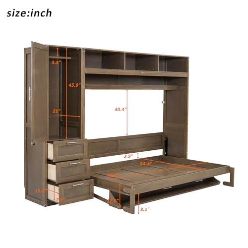 Full Size Murphy Bed with Wardrobe, Storage Drawers and Open Shelves, Solid Wood Wall Bed Frame for Bedroom Guest Room Home Office Study, Easy Assembly (Antique Grey, Full) C74375