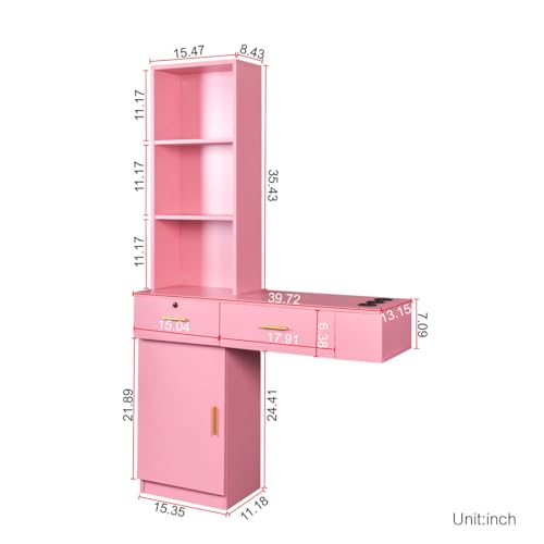 Wood Computer Desk with Drawers and Mirror, Pink D3323