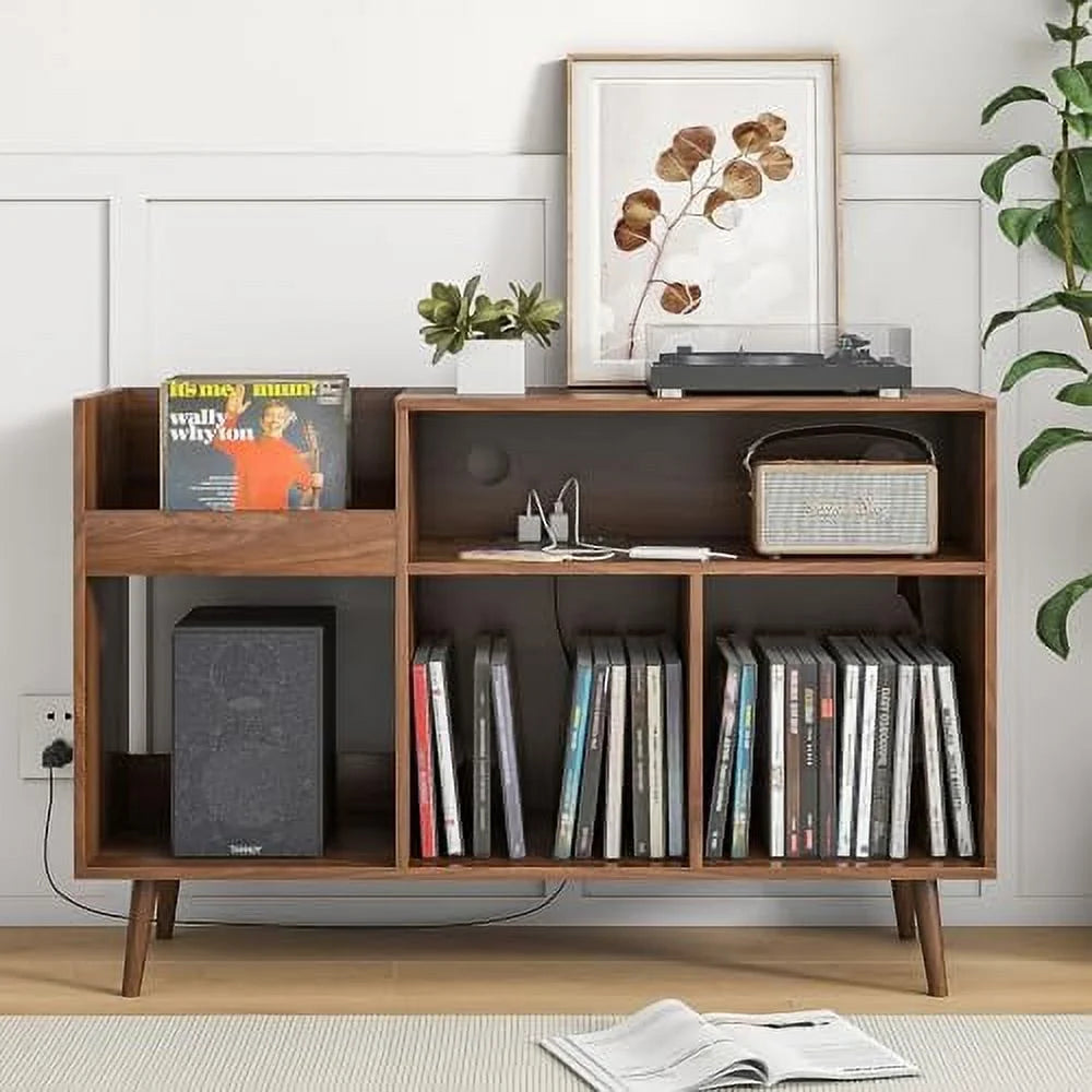 TJBOLIFE Mid-Century Record Player Stand with  Vinyl Record Cabinet Record Player Table with Power Outlet Turntable Stand Large Record Holder Holds for Bedroom Living Room