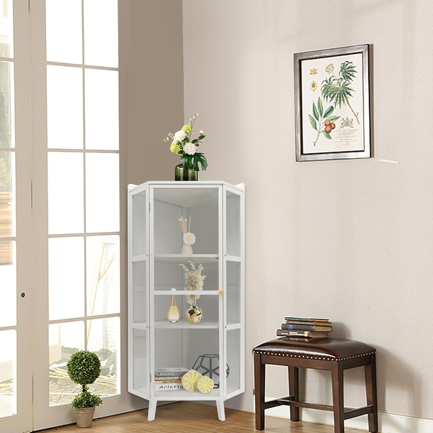 Tall Corner Storage Cabinet Freestanding 3-Tier Bookshelf with Clear Door E8381