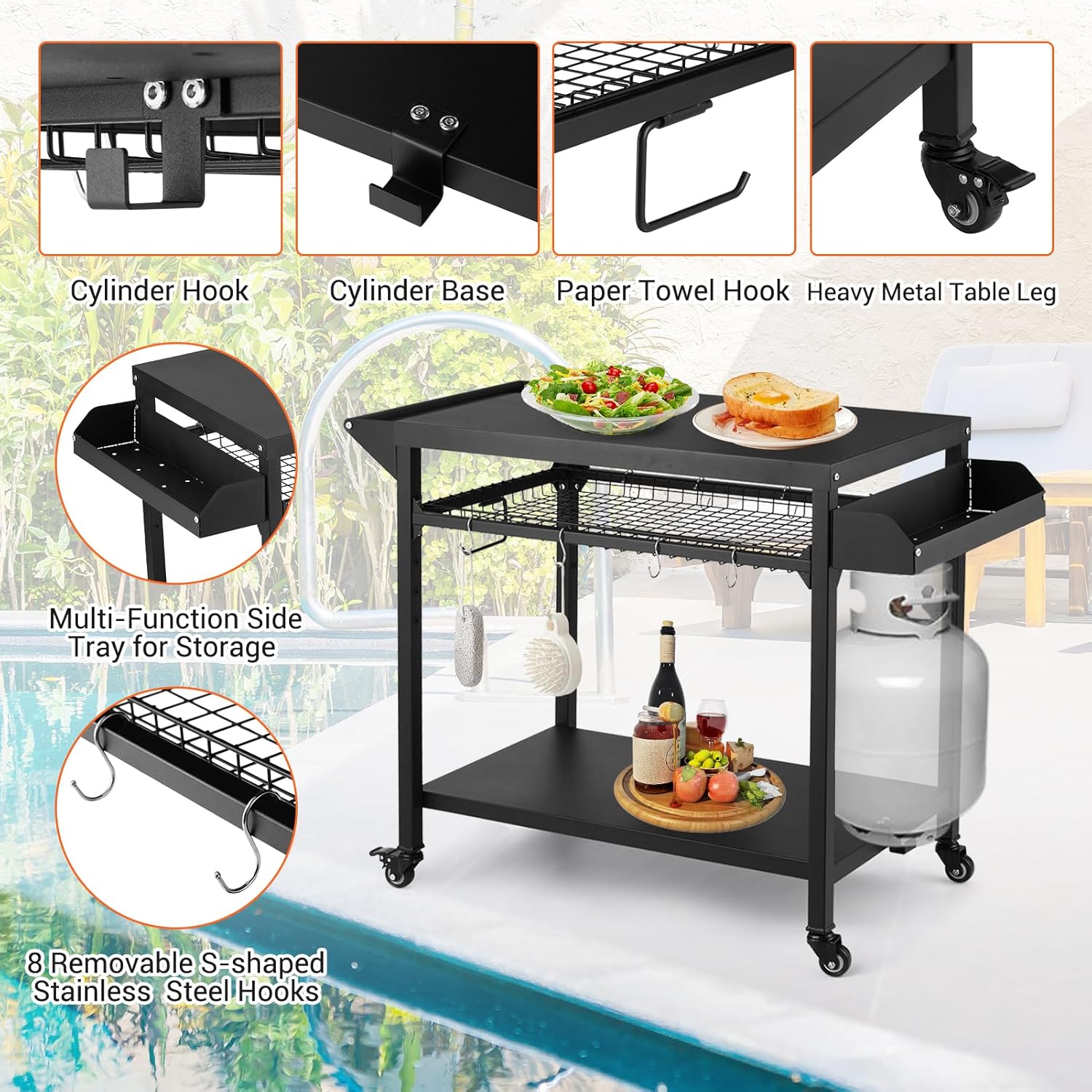 Outdoor Grill Cart with Wheels, Pizza Oven Stand Table, Black R98167