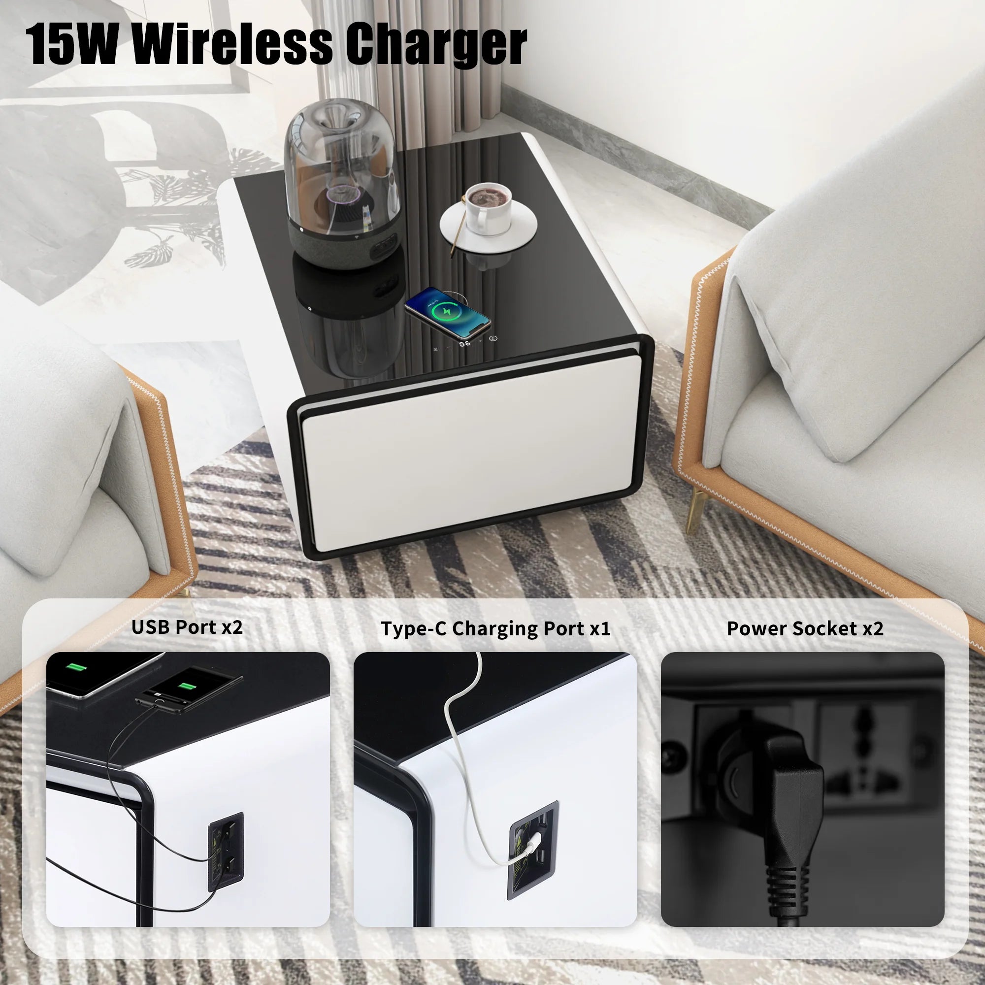 Smart Side Table with Built-in Fridge and Charging Station P6240