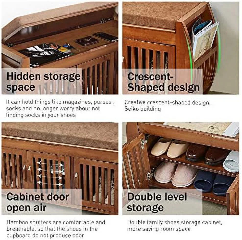 Bamboo Shoe Bench with Detachable Cushion and Hidden Compartment W371