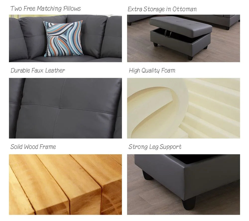 Faux Leather Sectional with Ottoman, Left Hand Facing, Dark Grey A734