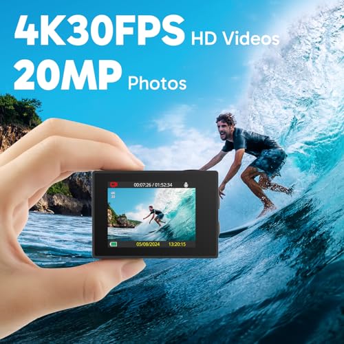 4K30FPS WiFi Action Camera with EIS Ultra HD Underwater Camera 131FT Waterproof Remote Control 4X Zoom Support External Microphone V99718