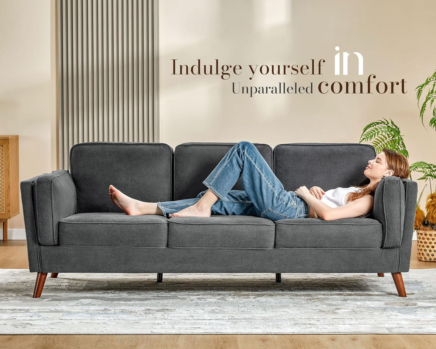 Modern Sofa with Embedded Arm Pillow, Dark Grey, 87 Inch S677743