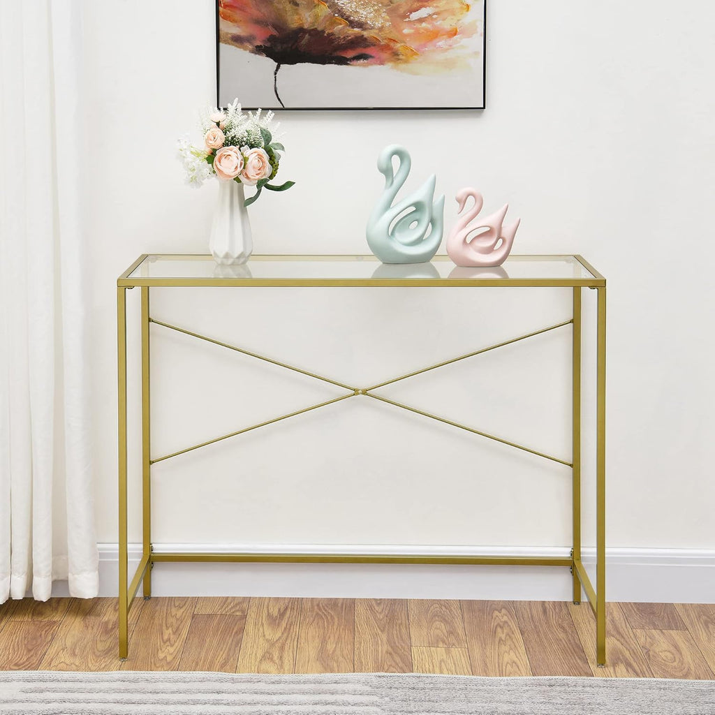 Console Table with Tempered Glass Top, Narrow Metal Frame for Hallway, Living Room, Office R788