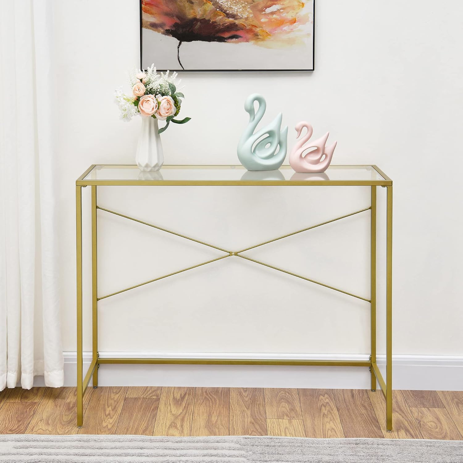 Console Table with Tempered Glass Top, Narrow Metal Frame for Hallway, Living Room, Office R788