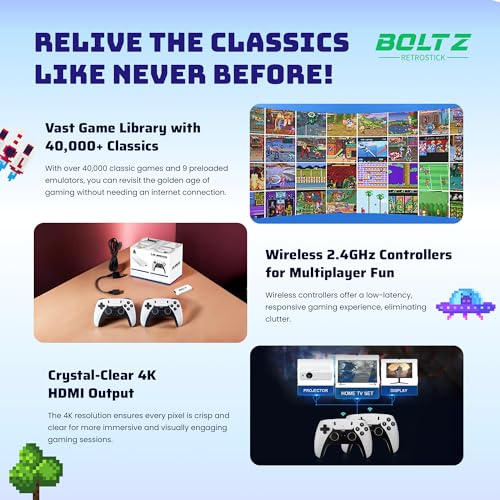 Retro Gaming Stick with 40,000+ Classic Games, 4K HDMI, 2 Wireless Controllers J6068