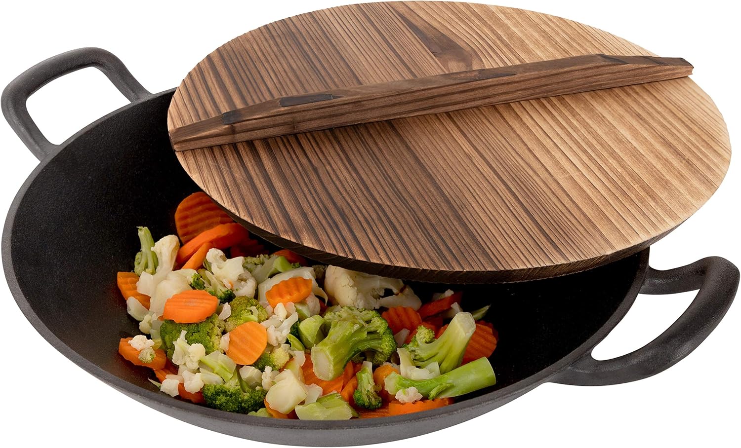 Pre-Seasoned Cast Iron Wok with Wooden Lid, 14 Inches, Nonstick Deep Frying Pan Q32539