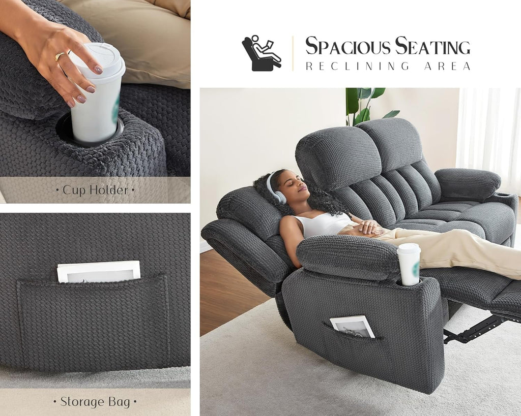 Recliner Couch, 3 Seater Sofa with Cup Holders, 85 Inch Grey D261