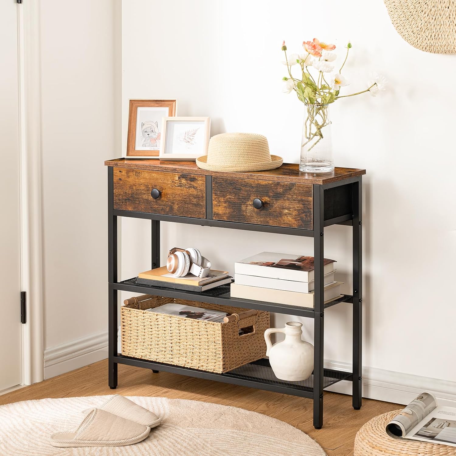 Narrow Console Table with 2 Fabric Drawers and Charging Station, Rustic Brown and Black O9157