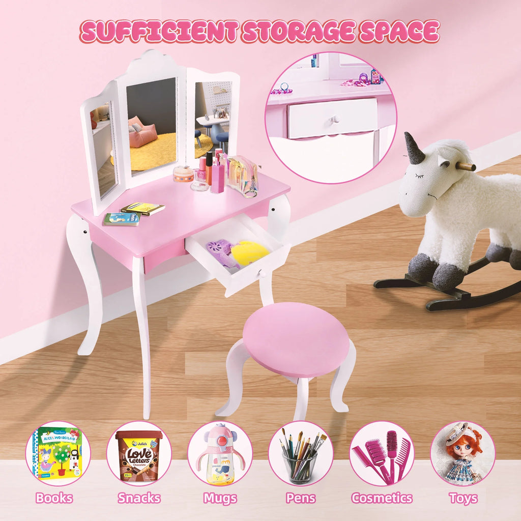 Kids Vanity Set with Mirror and Table, Pink B9511
