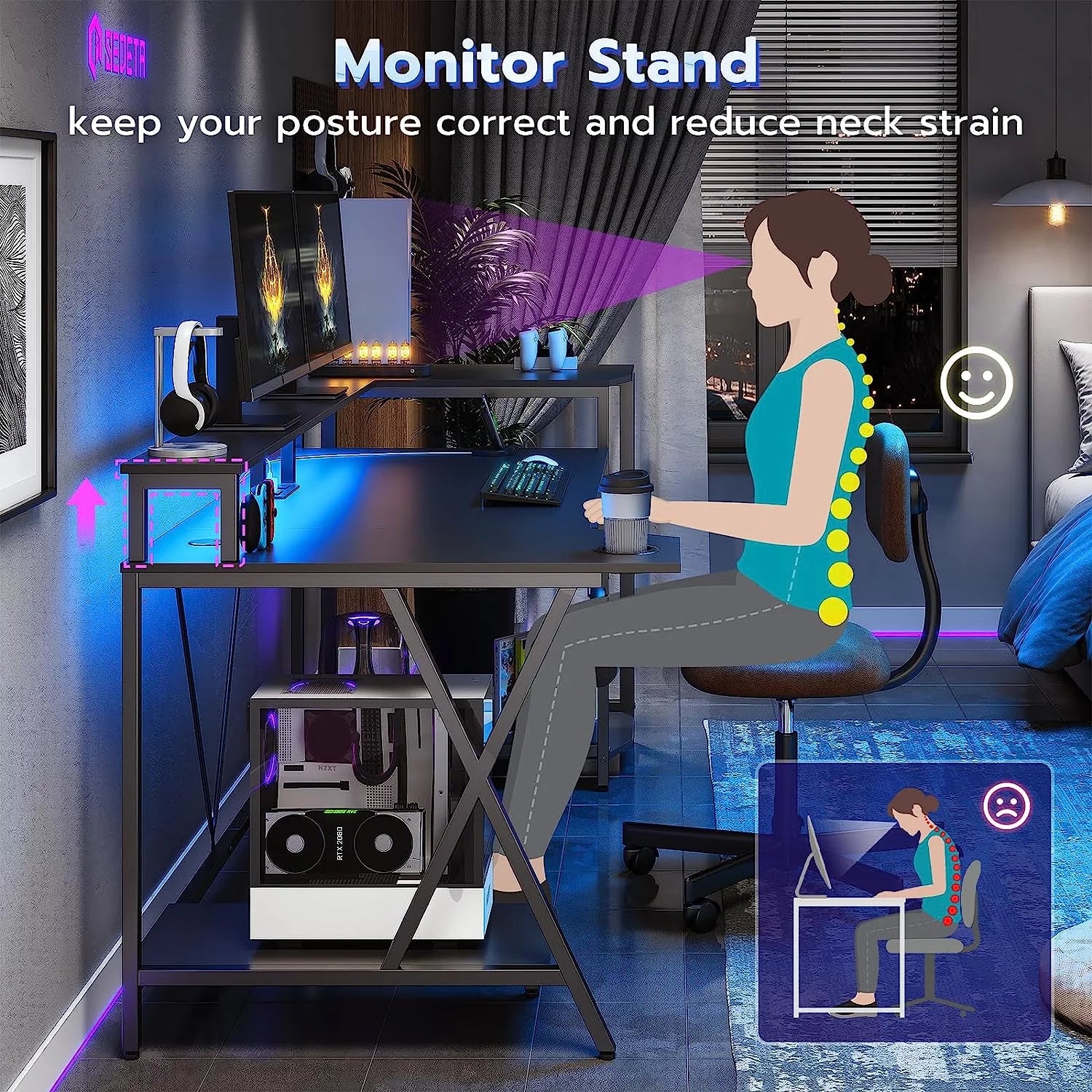 Gaming Desk with LED Lights and Storage Shelves D8814