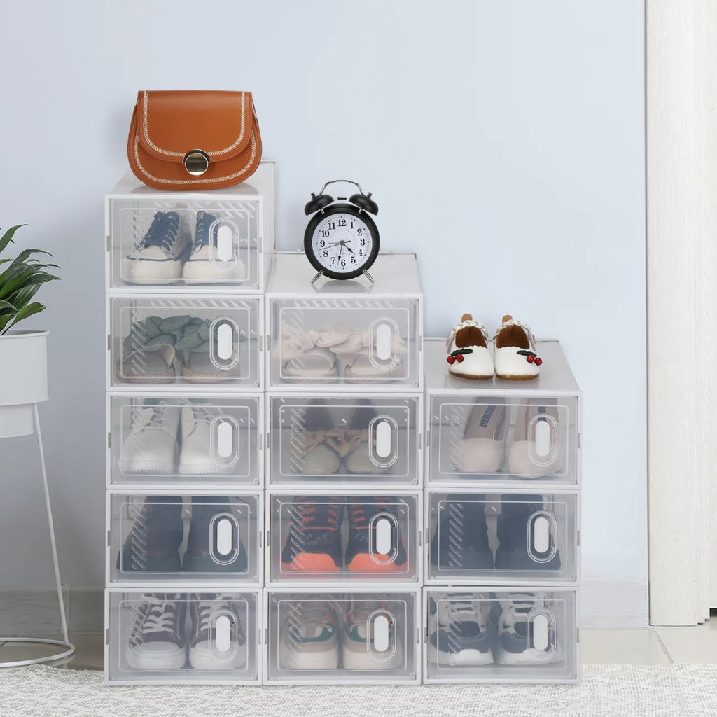 Zimtown 12 Packs DIY Multipurpose Shoe Storage Boxes and Bins Container Toy Boxes Organizer White with Clear Lid for Closet Entryway Kitchen Home, Foldable Stackable, Soft Plastic