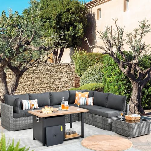 9 Piece Outdoor Wicker Patio Furniture Set with Fire Table and Swivel Chair G4917