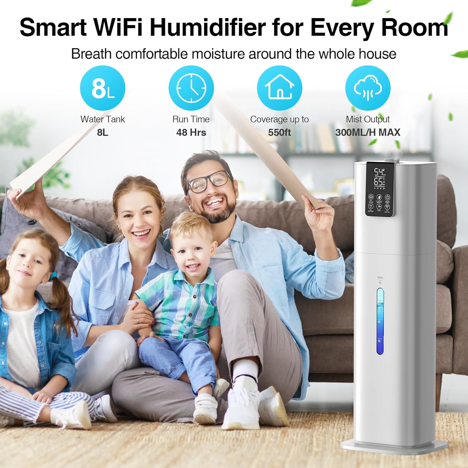 8L Top Fill Cold Mist Humidifier for Large Rooms, 48H Runtime, App & Remote Control U2832