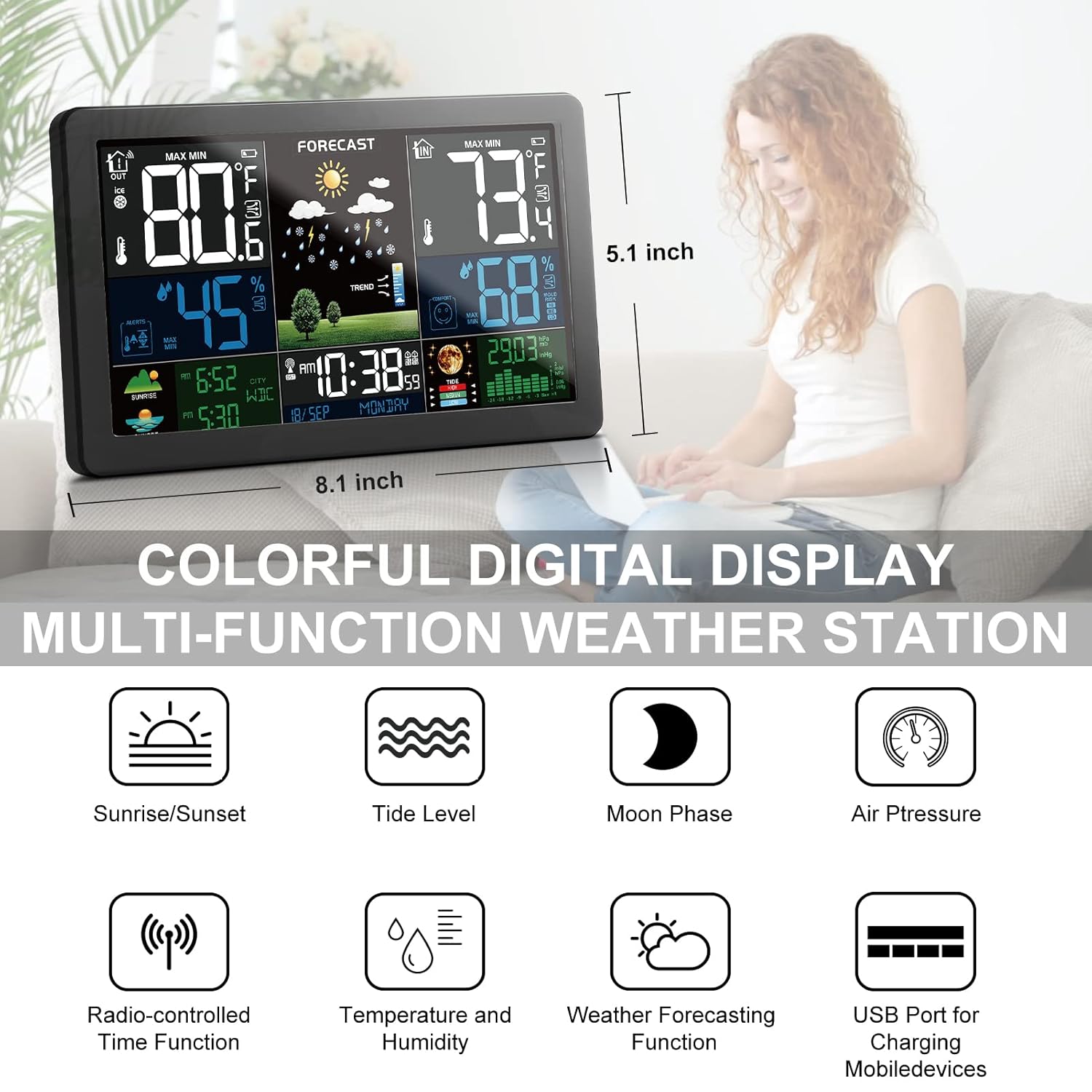 Wireless Indoor Outdoor Weather Station with Color Display and 3 Sensors V2347