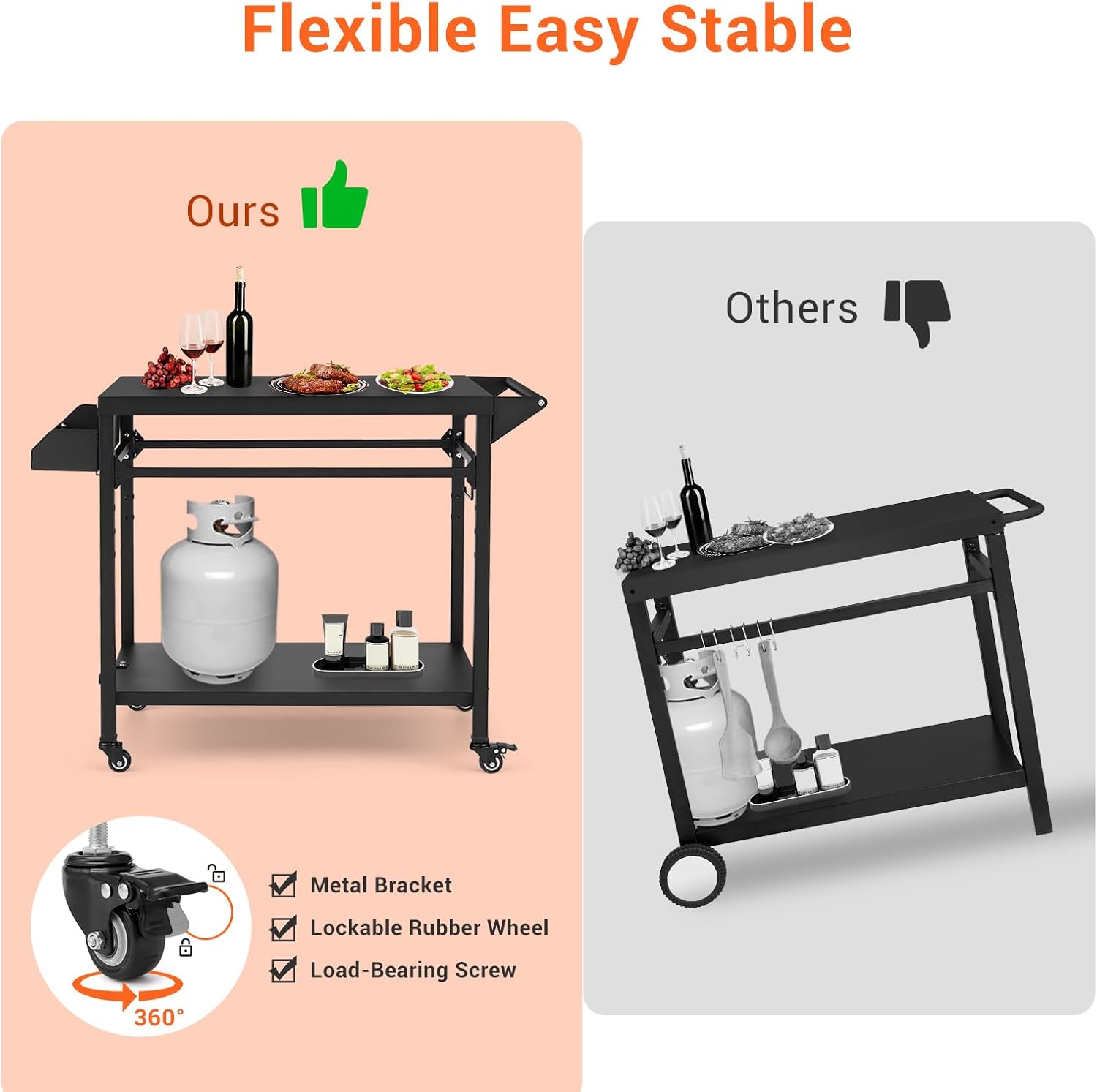 Outdoor Grill Cart with Lockable Wheels, Heavy Duty BBQ Prep Table I6010