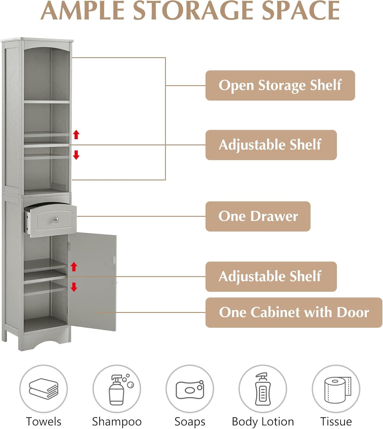 Narrow Freestanding Bathroom Storage Cabinet with 3-Tier Shelf and Drawer O805