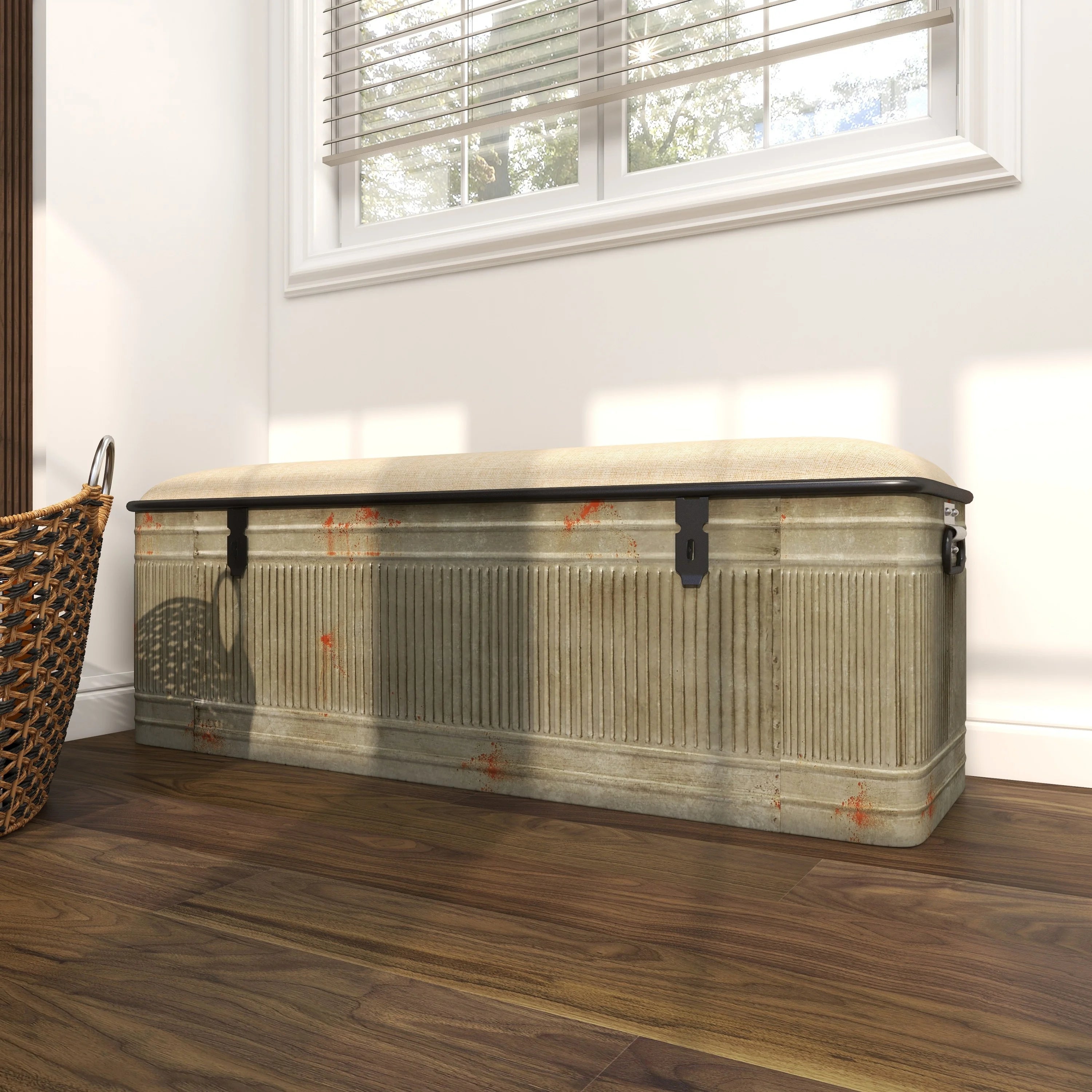 Metal Galvanized Storage Bench with Cream Burlap Top E438064